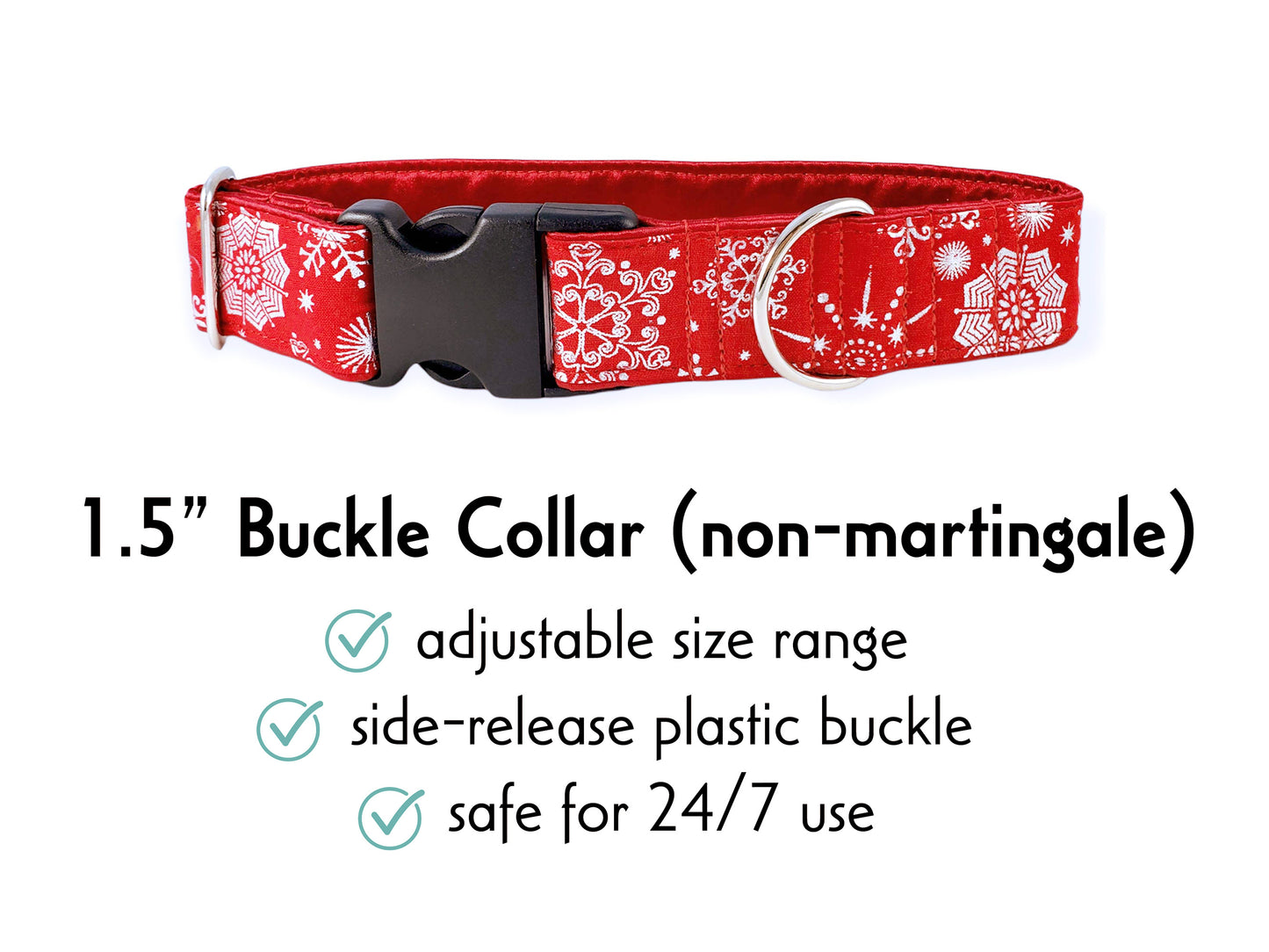1.5 Inch Wide Red, Silver Snowflakes Buckle Dog Collar by The Hound Haberdashery