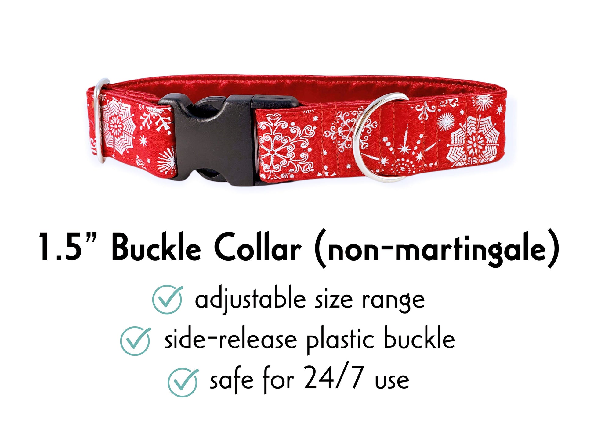 1.5 Inch Wide Red, Silver Snowflakes Buckle Dog Collar by The Hound Haberdashery