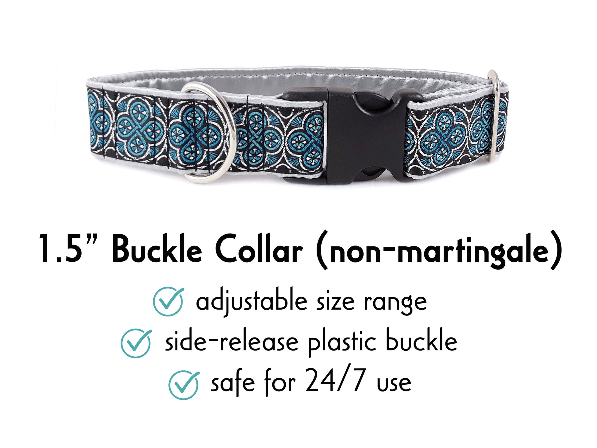1.5 Inch Wide Silver, Blue Blarney Buckle Dog Collar by The Hound Haberdashery