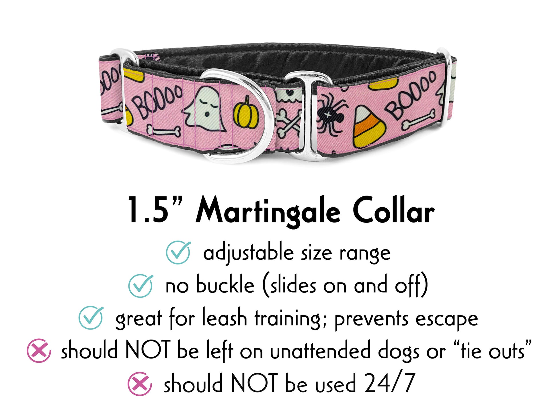 1.5 Inch Wide Pink Halloween Martingale Dog Collar by The Hound Haberdashery