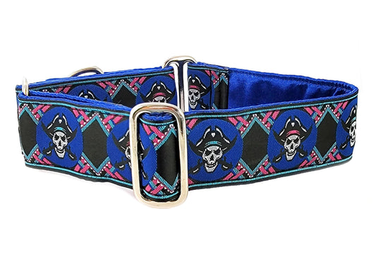 1.5 Inch Wide Blue Pirates Dog Collar by The Hound Haberdashery
