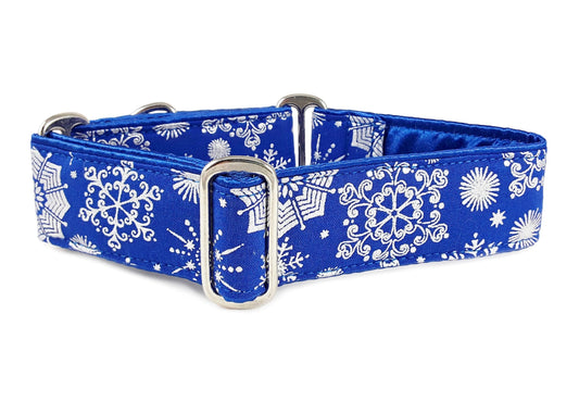1.5 Inch Wide Blue, Silver Snowflakes Dog Collar by The Hound Haberdashery