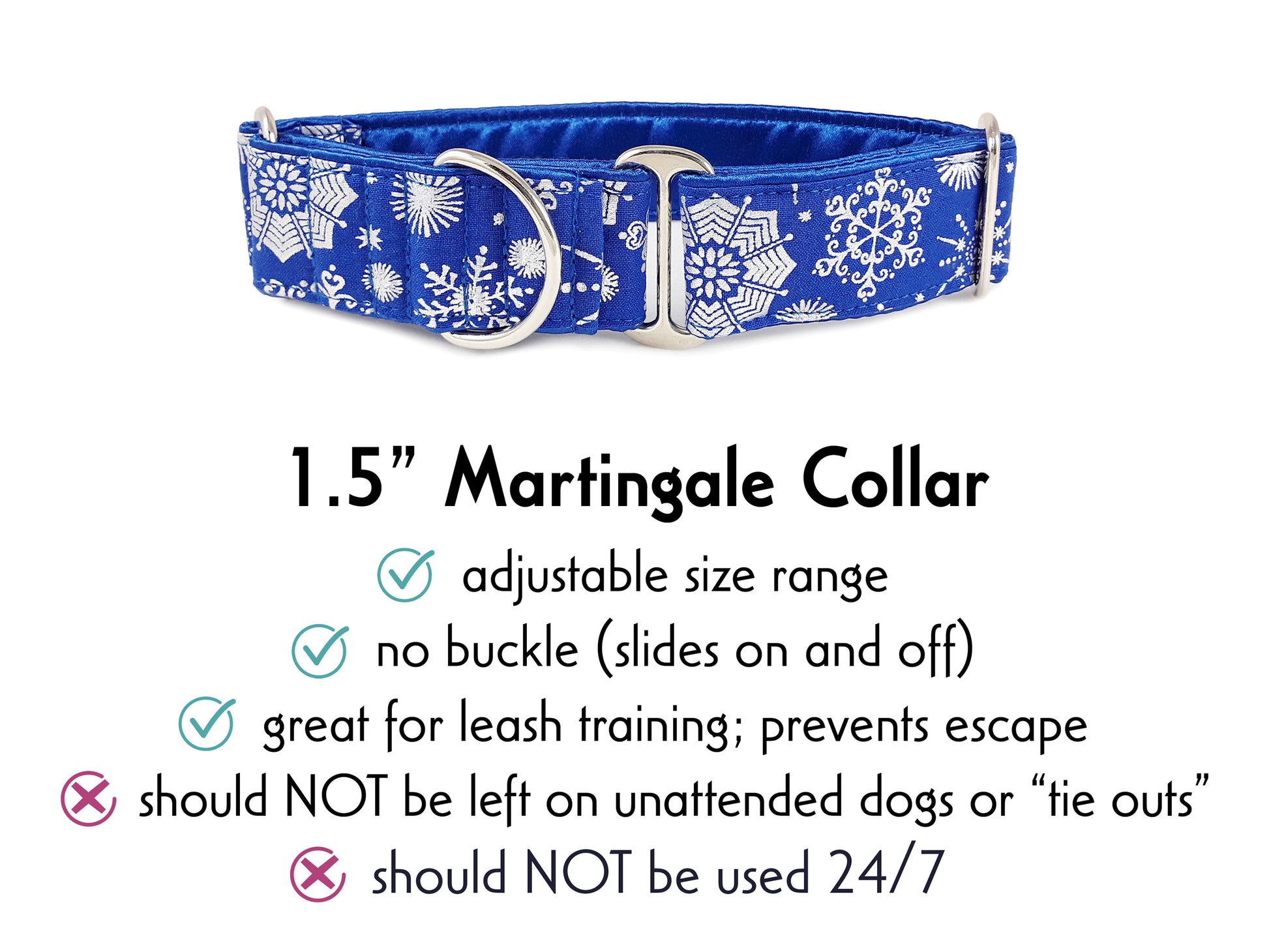1.5 Inch Wide Blue, Silver Snowflakes Martingale Dog Collar by The Hound Haberdashery