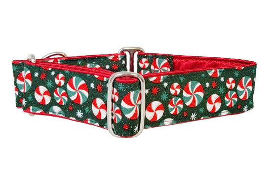 1.5 Inch Wide Christmas Peppermints Dog Collar by The Hound Haberdashery