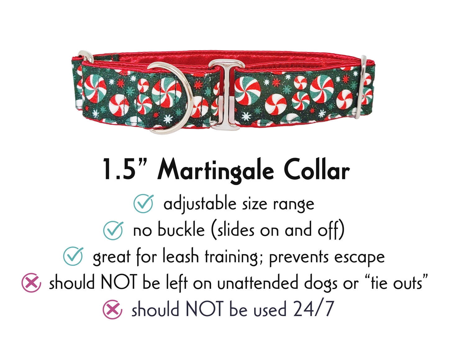 1.5 Inch Wide Christmas Peppermints Martingale Dog Collar by The Hound Haberdashery
