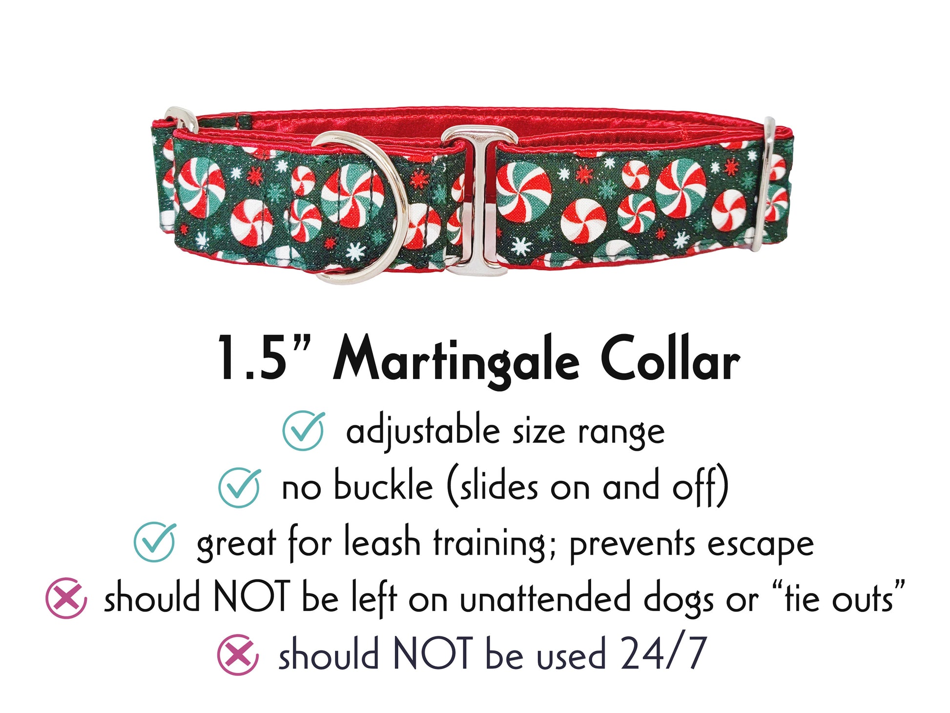 1.5 Inch Wide Christmas Peppermints Martingale Dog Collar by The Hound Haberdashery