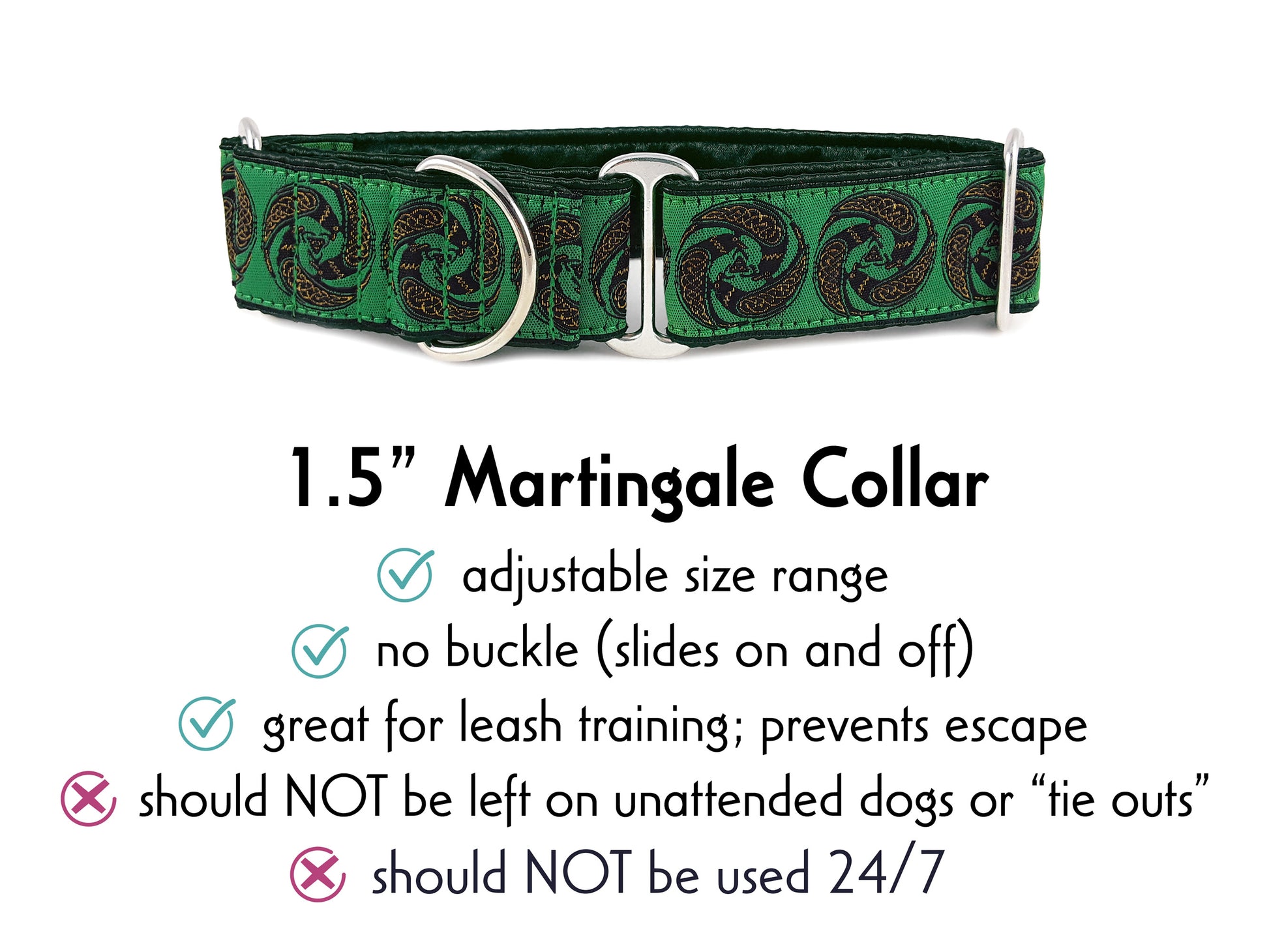 1.5 Inch Wide Green Celtic Ravens Martingale Dog Collar by The Hound Haberdashery