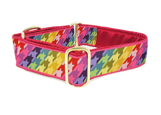 1.5 Inch Wide Rainbow Houndstooth Martingale Dog Collar by The Hound Haberdashery