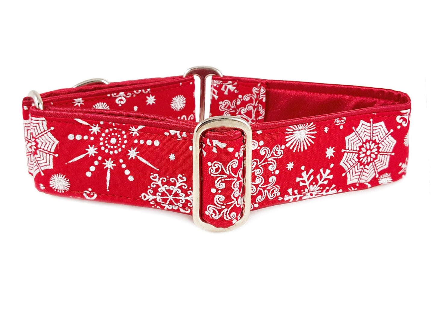 1.5 Inch Wide Red, Silver Snowflakes Dog Collar by The Hound Haberdashery