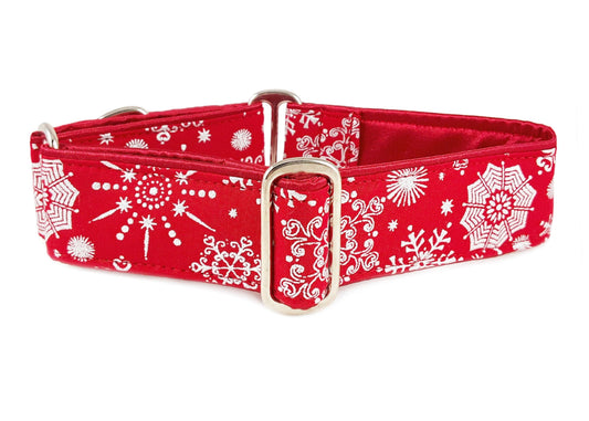 1.5 Inch Wide Red, Silver Snowflakes Dog Collar by The Hound Haberdashery