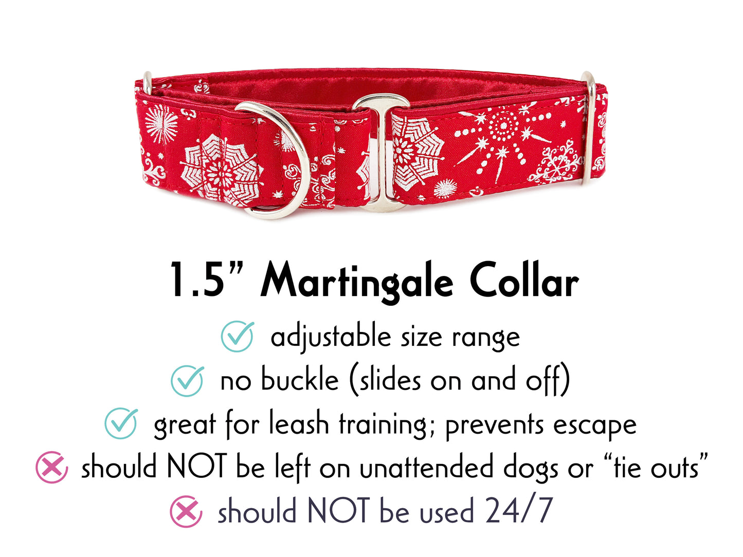 1.5 Inch Wide Red, Silver Snowflakes Martingale Dog Collar by The Hound Haberdashery