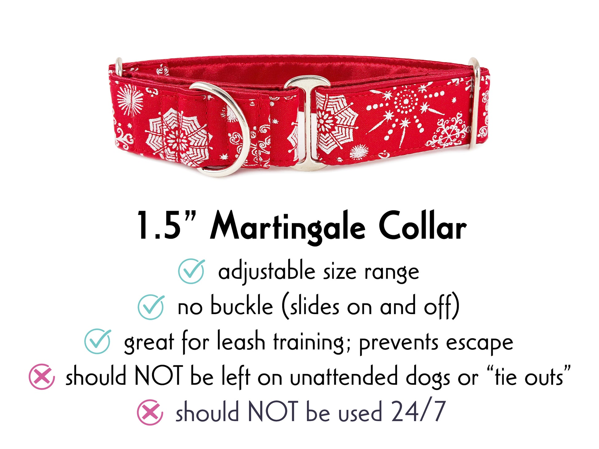1.5 Inch Wide Red, Silver Snowflakes Martingale Dog Collar by The Hound Haberdashery