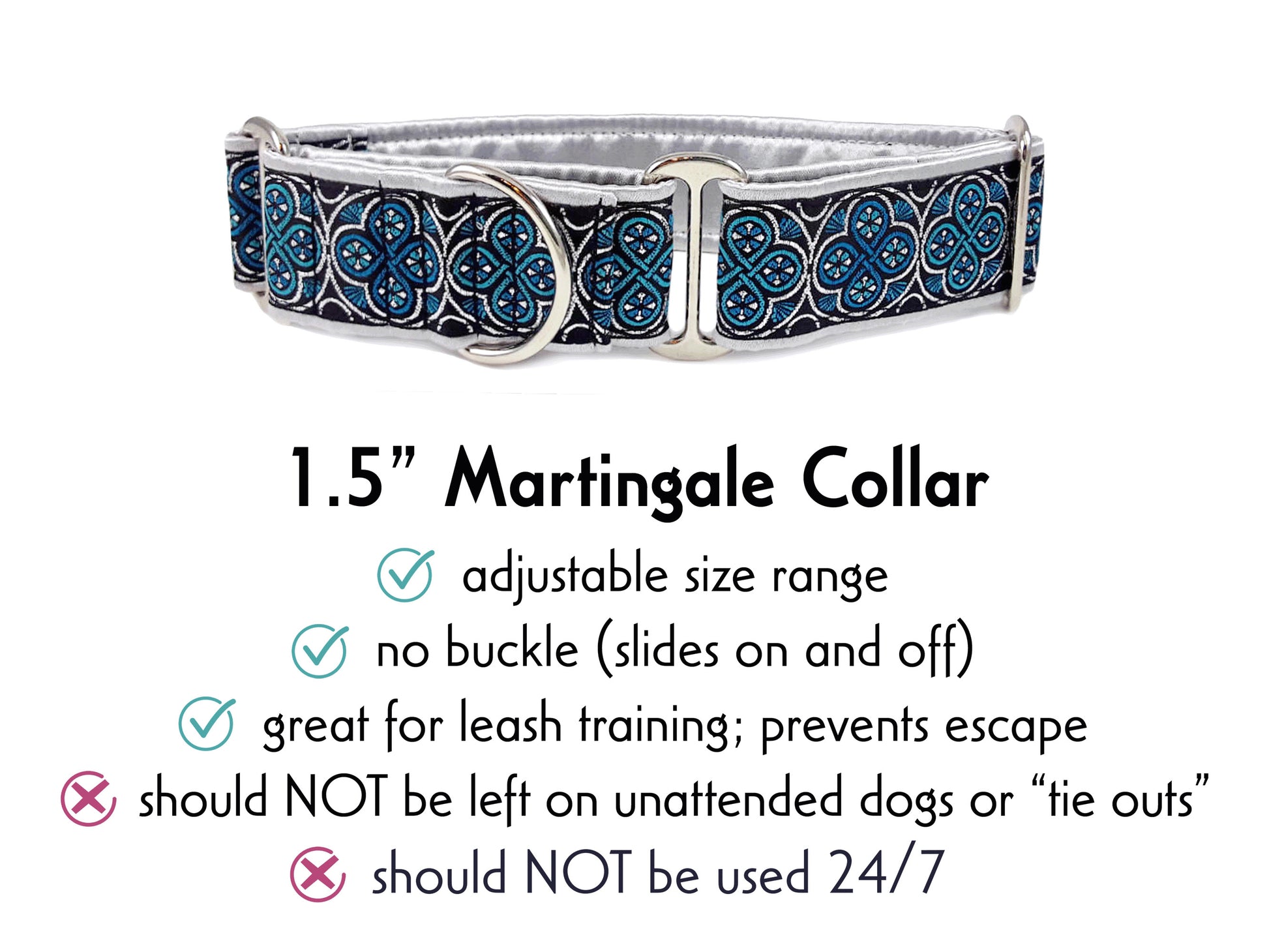 1.5 Inch Wide Silver, Blue Blarney Martingale Dog Collar by The Hound Haberdashery