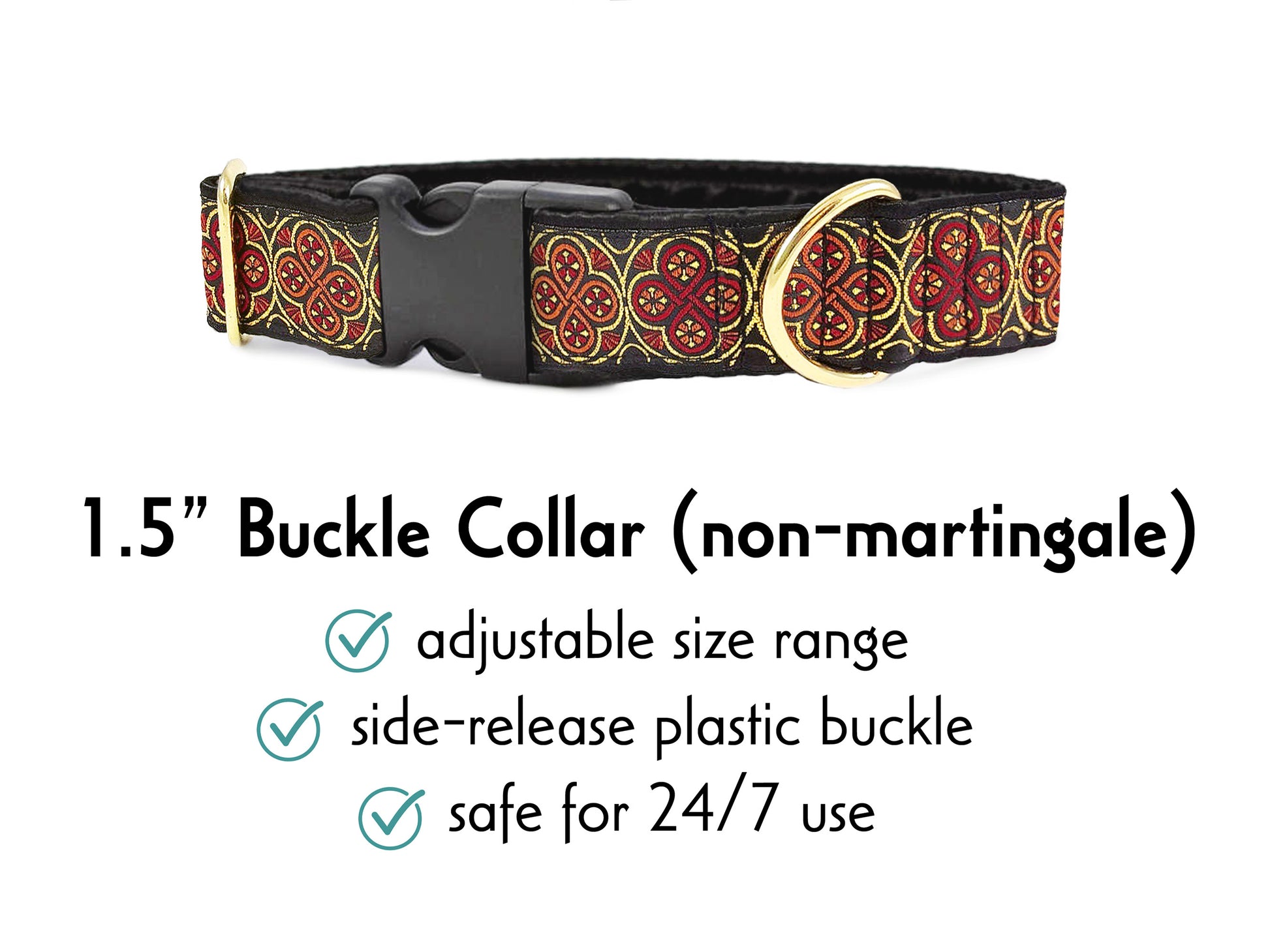 1.5 Inch Wide Red, Gold Blarney Buckle Dog Collar by The Hound Haberdashery