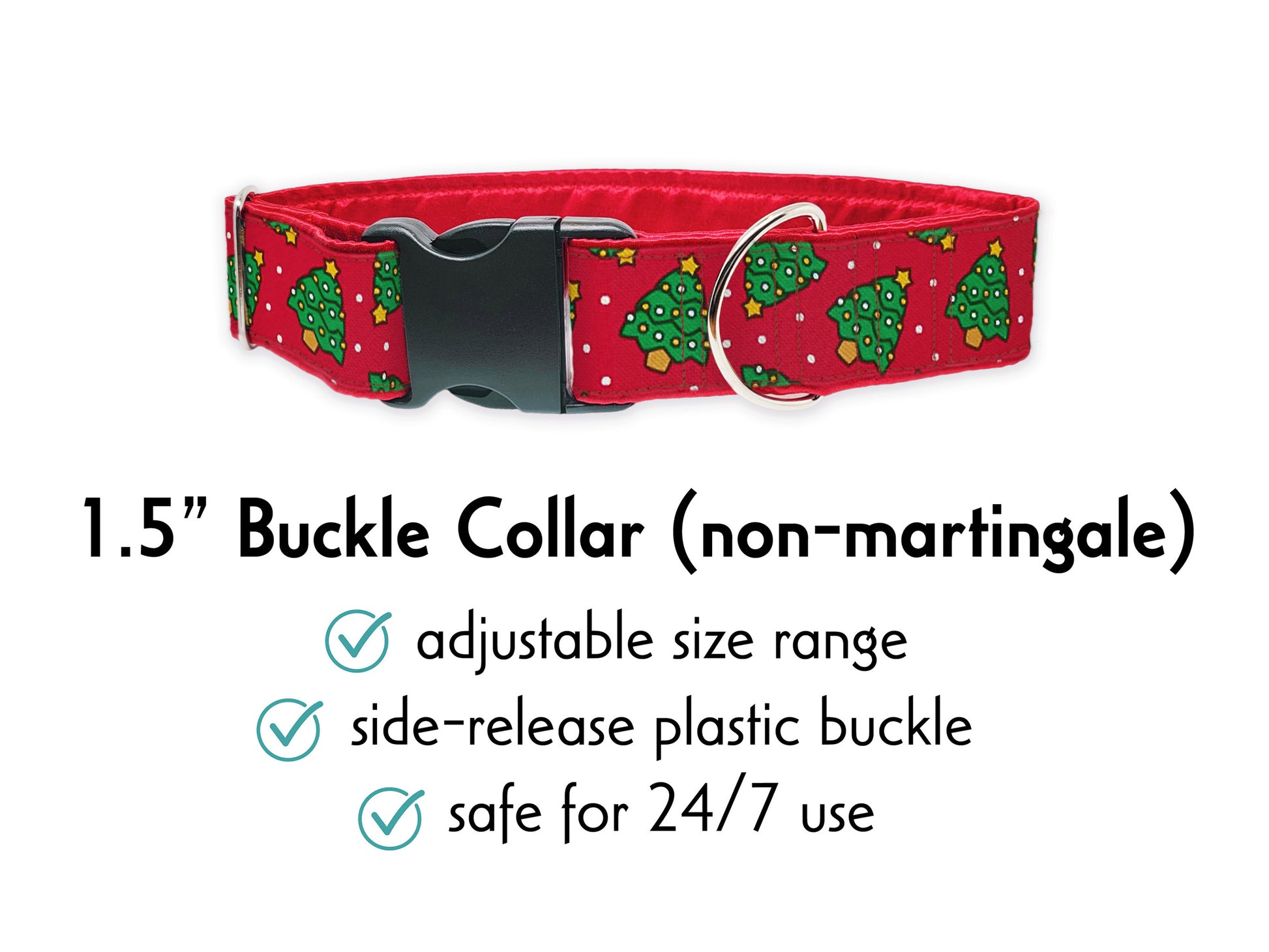 1.5 Inch Wide Christmas Trees Buckle Dog Collar by The Hound Haberdashery | Adjustable, Satin-Lined Dog Collar for Medium to Large Breeds, Whippets, Greyhounds, Great Danes, Borzois, Silken Windhounds, Wolfhounds, Etc.