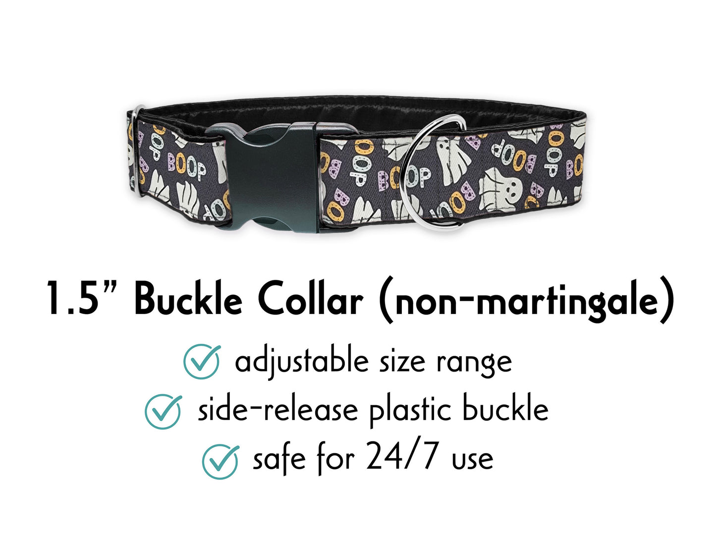 1.5 Inch Wide Halloween BOOP Ghosts Buckle Dog Collar by The Hound Haberdashery | Satin-Lined, Custom made for Medium to Large Dogs, Greyhounds, Great Danes, Whippets, etc.