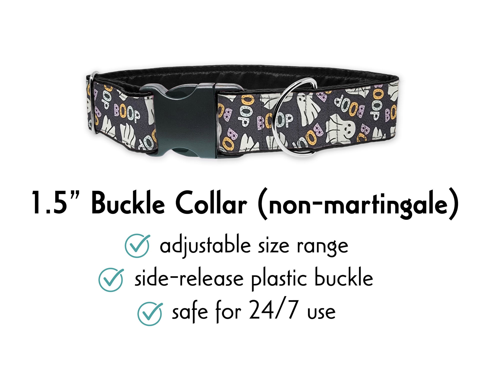 1.5 Inch Wide Halloween BOOP Ghosts Buckle Dog Collar by The Hound Haberdashery | Satin-Lined, Custom made for Medium to Large Dogs, Greyhounds, Great Danes, Whippets, etc.