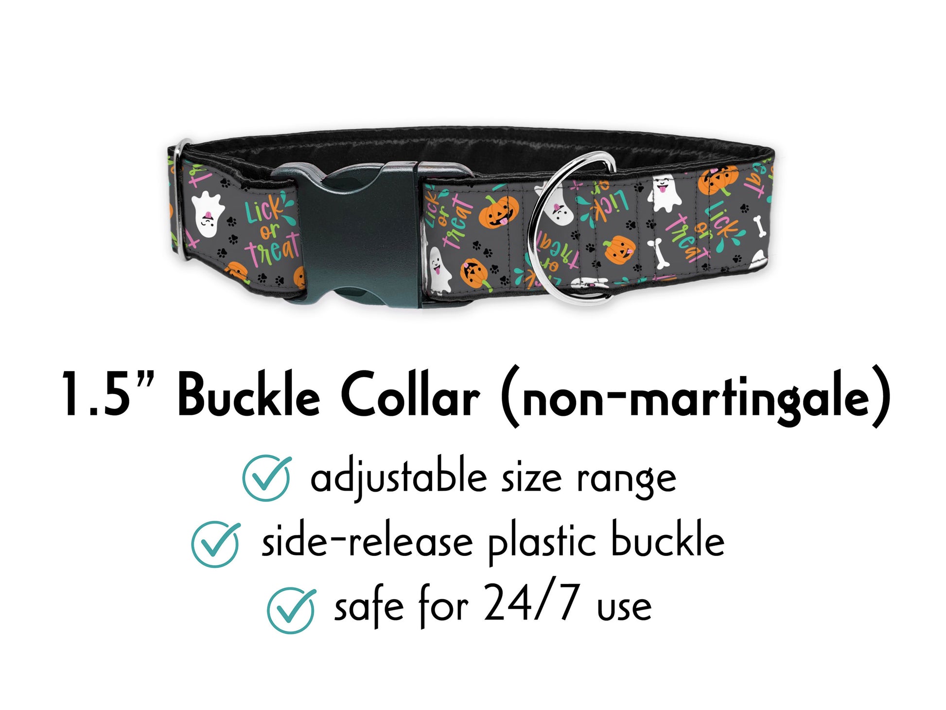 1.5 Inch Wide Halloween Lick or Treat Buckle Dog Collar, by The Hound Haberdashery