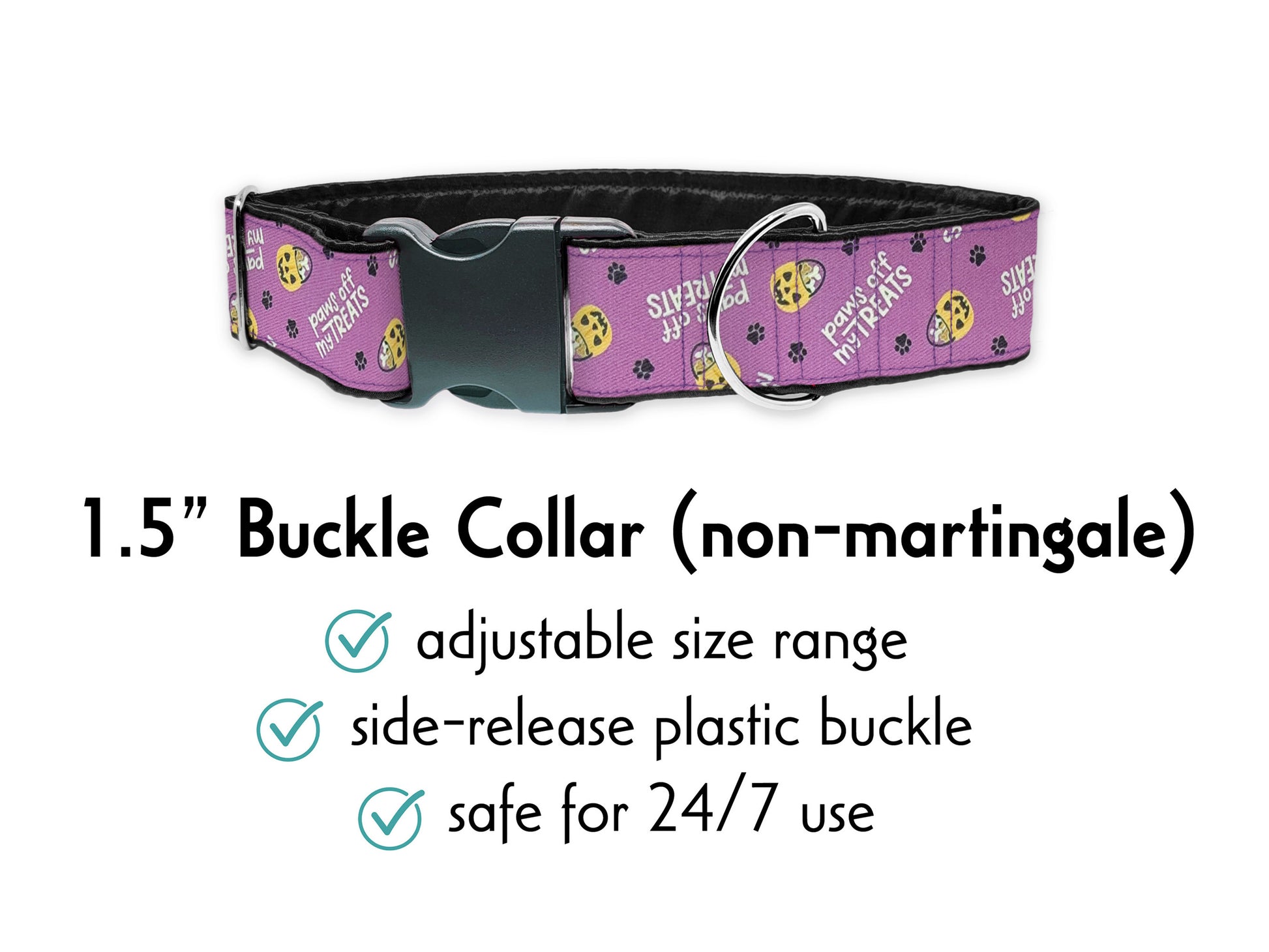 1.5 Inch Wide Purple Halloween Paws Off My Treats Buckle Dog Collar by The Hound Haberdashery