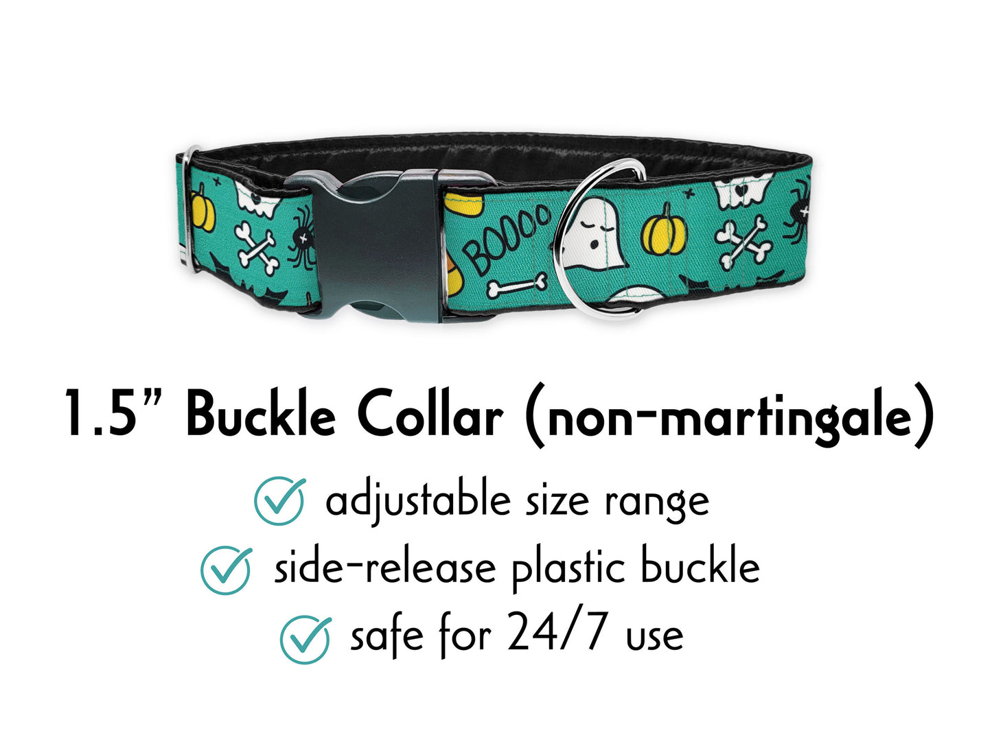 Halloween Ghosts & Candy Corn in Teal - Martingale Dog Collar or Buckle Dog Collar - 1.5" Width