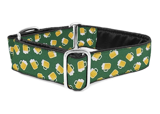 1.5 inch Green, Yellow Beer Martingale Dog Collar by The Hound Haberdashery | Satin-Lined, Custom-Made for Medium to Large Dogs, Whippets, Greyhounds, Great Danes, Etc.
