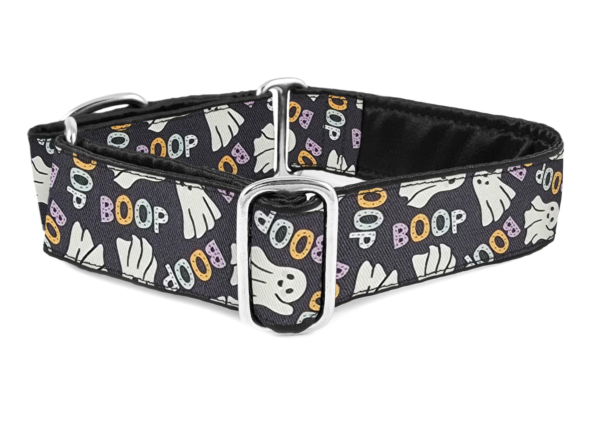 1.5 Inch Wide Halloween BOOP Ghosts Martingale Dog Collar by The Hound Haberdashery | Satin-Lined, Custom made for Medium to Large Dogs, Greyhounds, Great Danes, Whippets, etc.