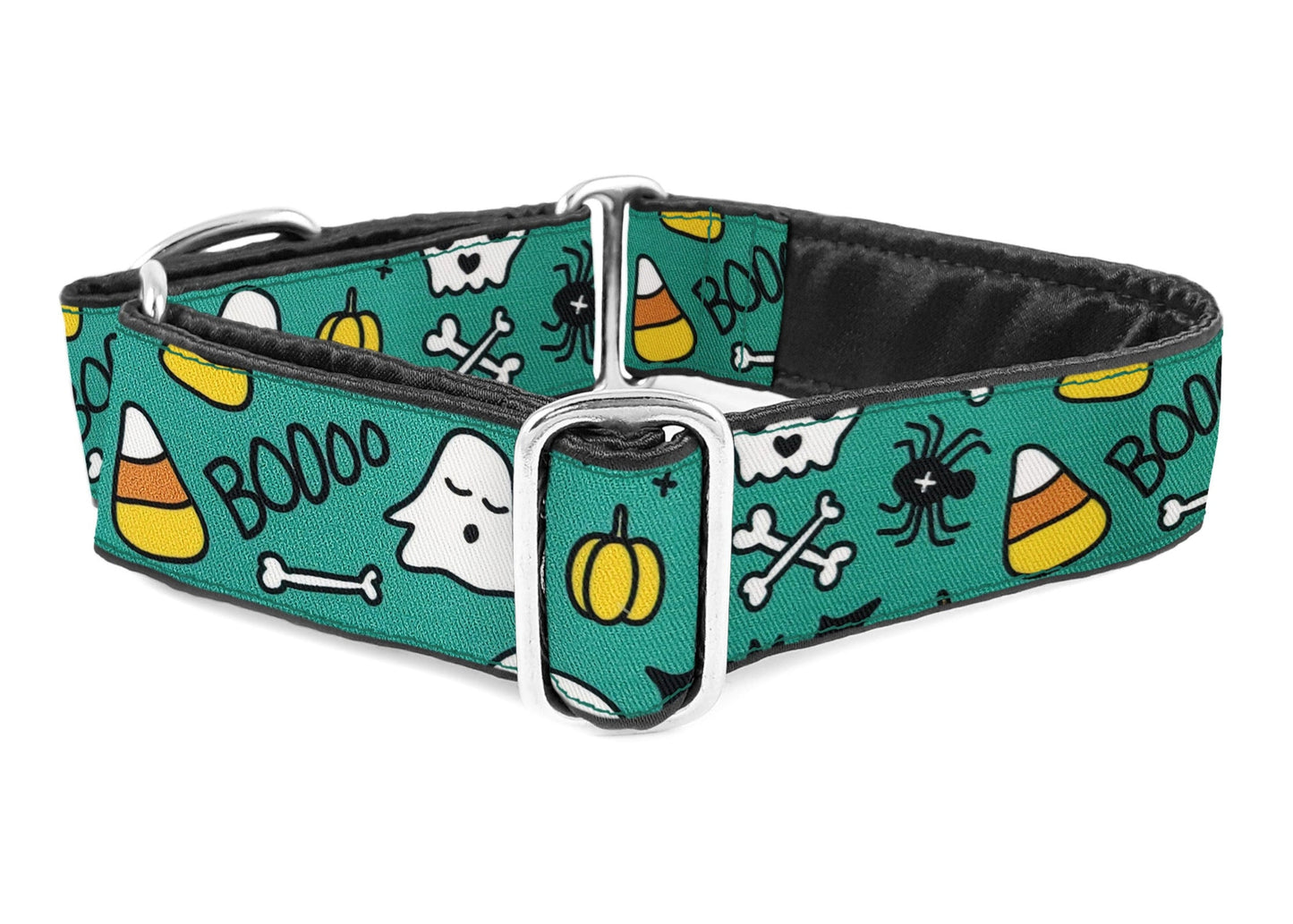Halloween Ghosts & Candy Corn in Teal - Martingale Dog Collar or Buckle Dog Collar - 1.5" Width