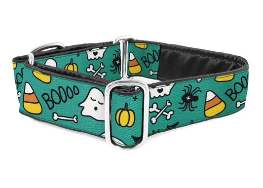 Halloween Ghosts & Candy Corn in Teal - Martingale Dog Collar or Buckle Dog Collar - 1.5" Width