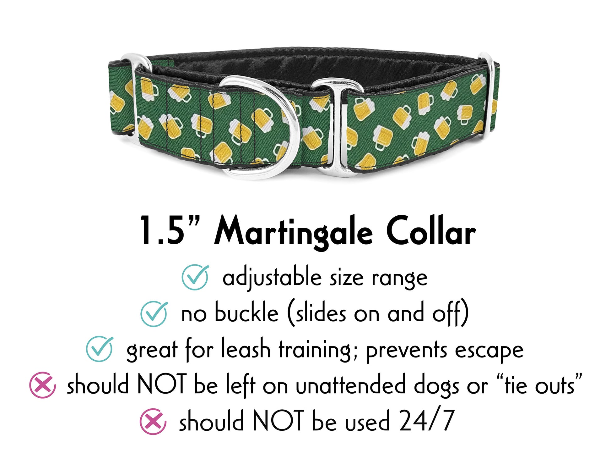 1.5 inch Green, Yellow Beer Martingale Dog Collar by The Hound Haberdashery | Satin-Lined, Custom-Made for Medium to Large Dogs, Whippets, Greyhounds, Great Danes, Etc.