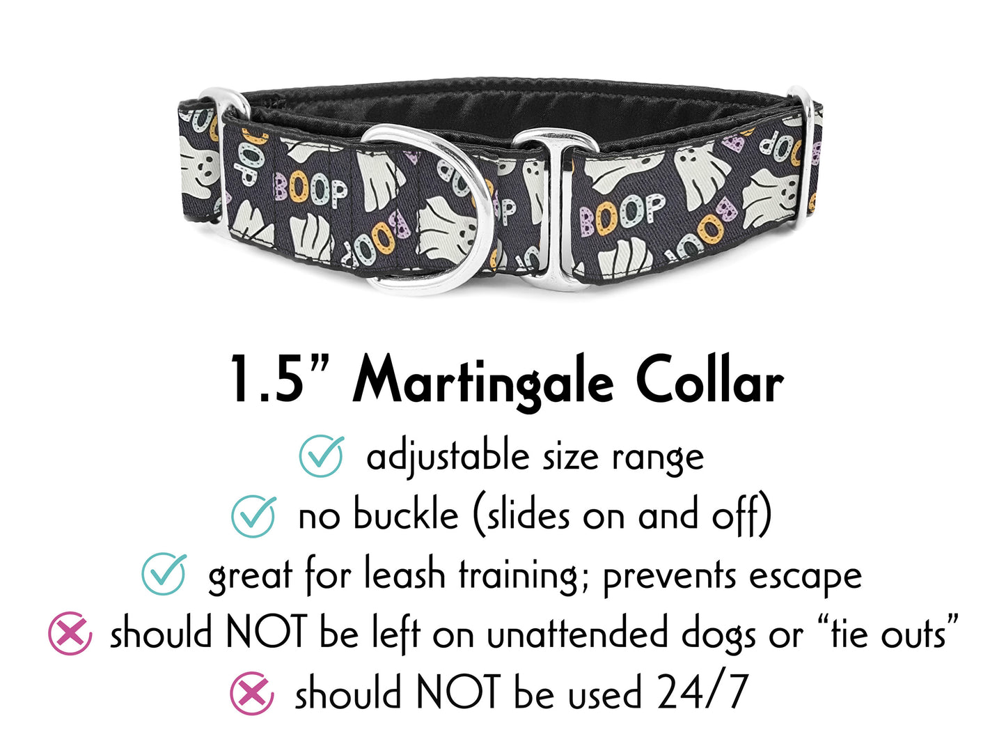 1.5 Inch Wide Halloween BOOP Ghosts Martingale Dog Collar by The Hound Haberdashery | Satin-Lined, Custom made for Medium to Large Dogs, Greyhounds, Great Danes, Whippets, etc.