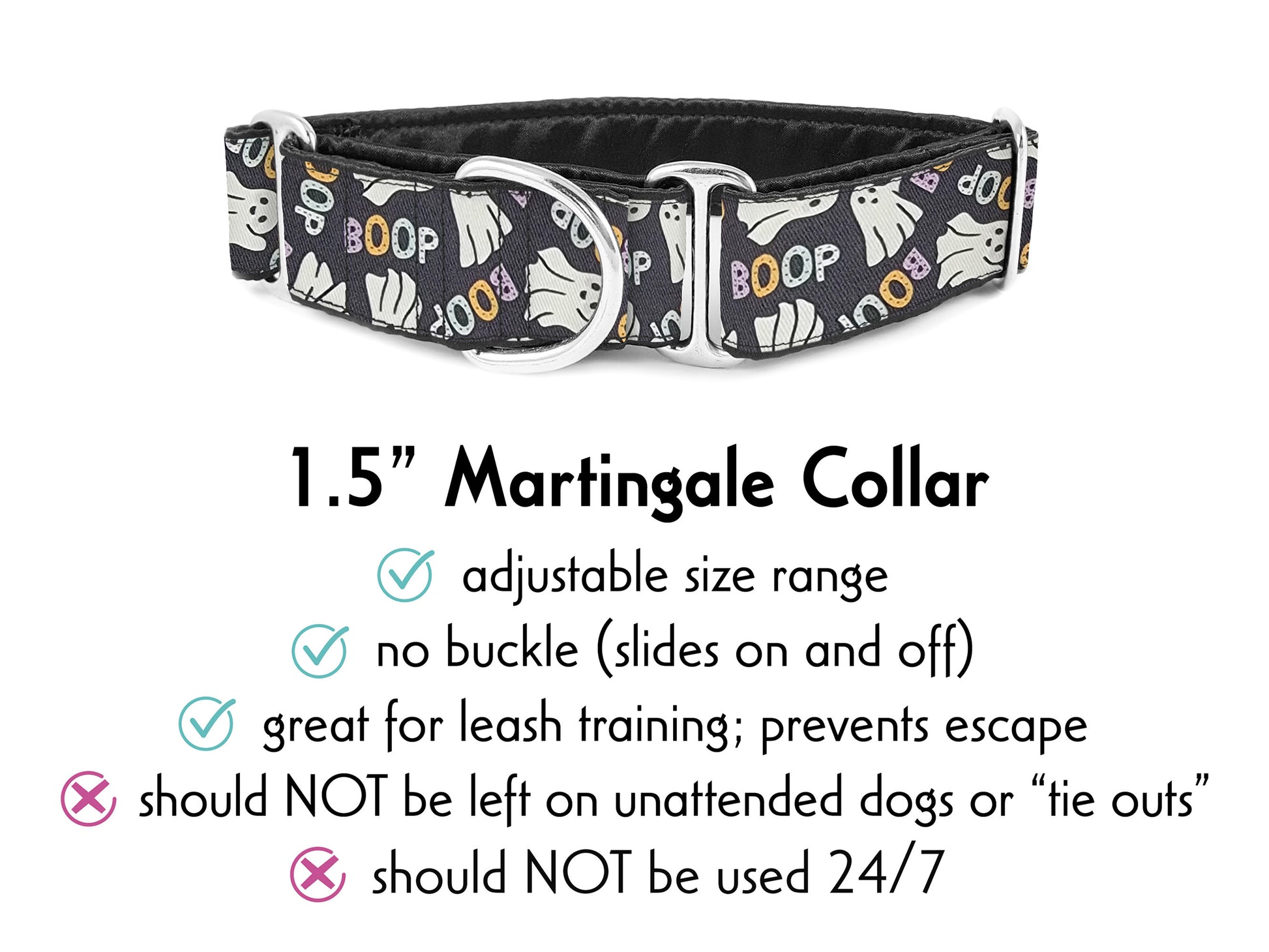 1.5 Inch Wide Halloween BOOP Ghosts Martingale Dog Collar by The Hound Haberdashery | Satin-Lined, Custom made for Medium to Large Dogs, Greyhounds, Great Danes, Whippets, etc.