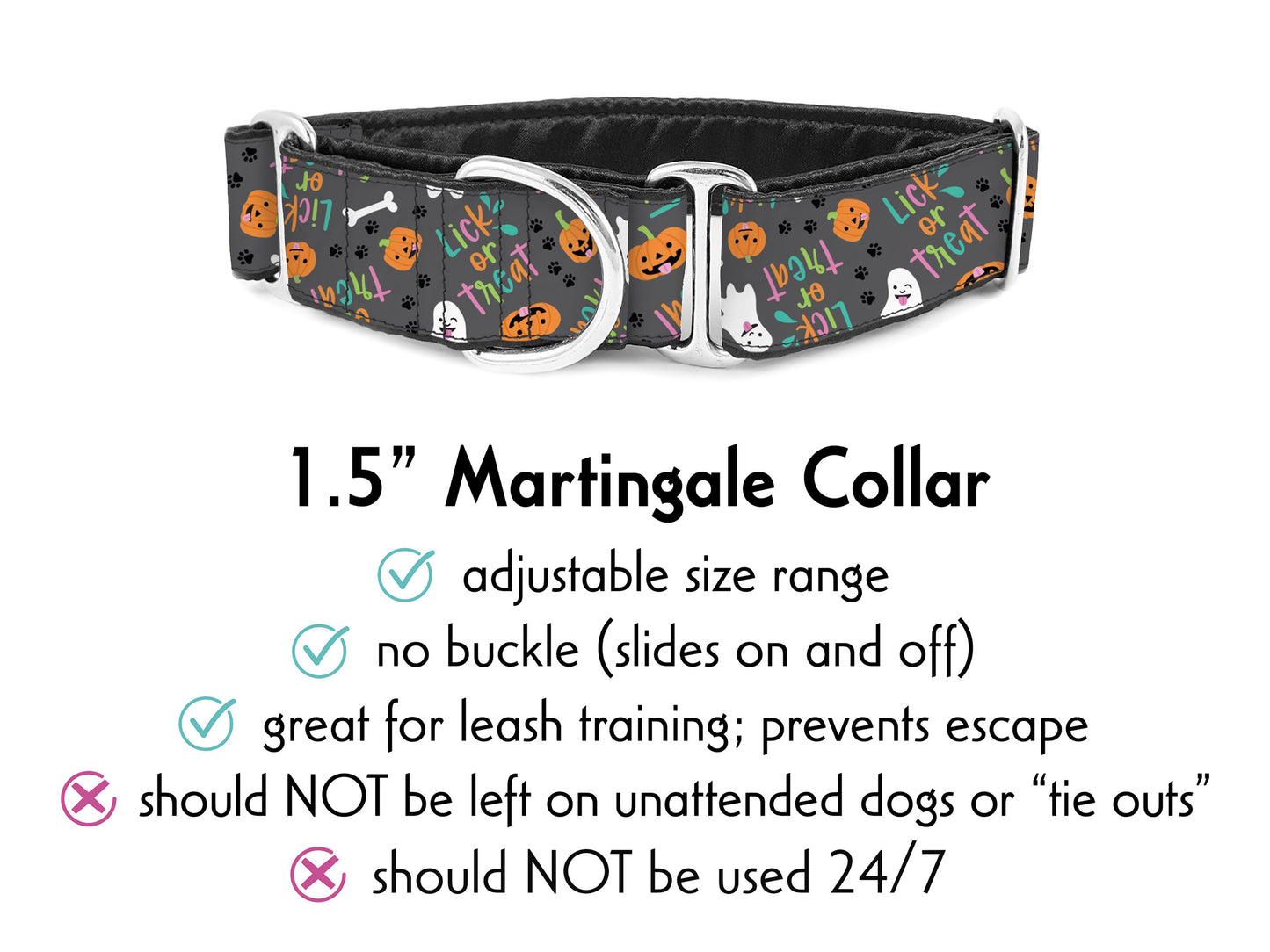 1.5 Inch Wide Halloween Lick or Treat Martingale Dog Collar, by The Hound Haberdashery