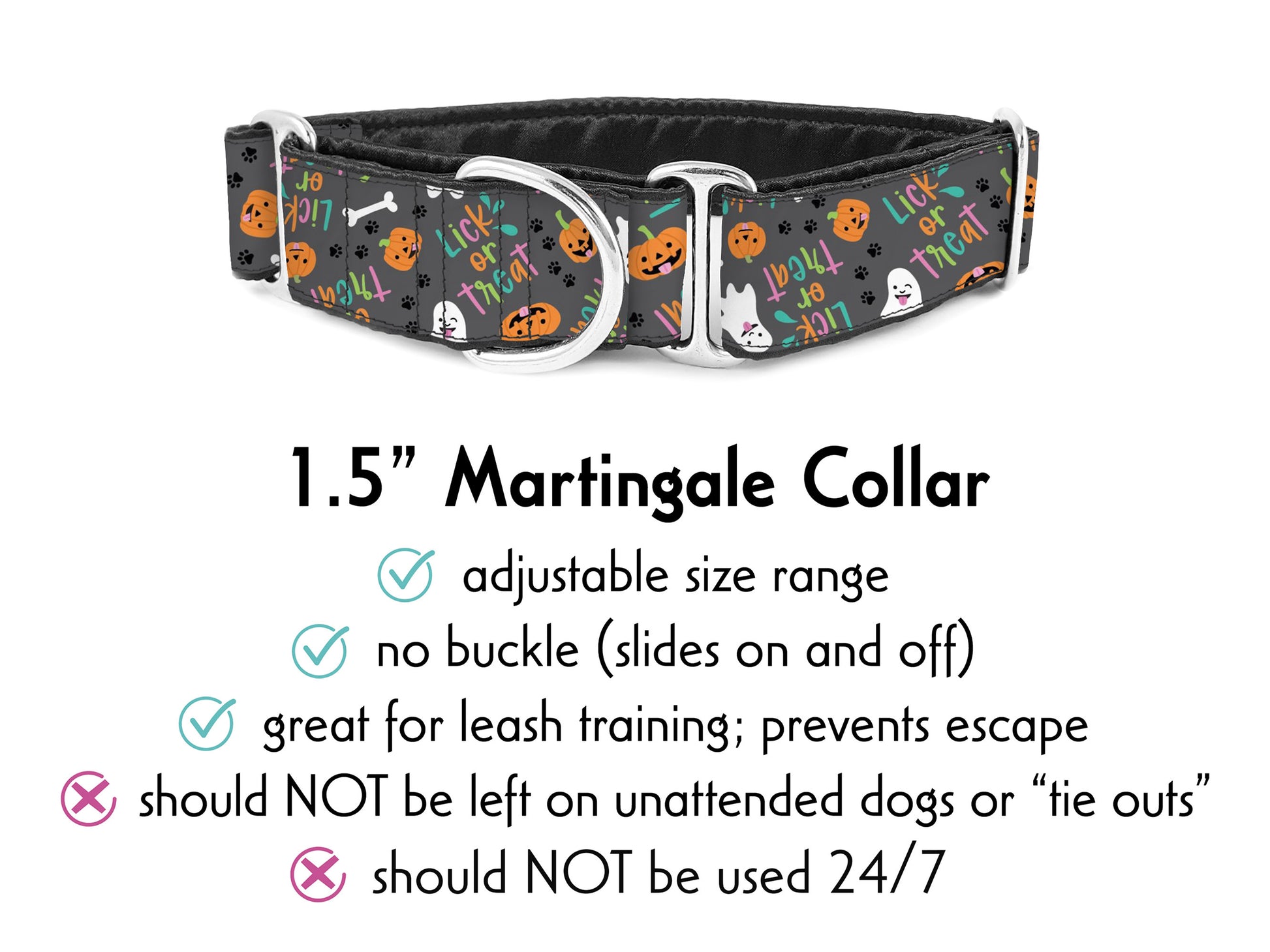 1.5 Inch Wide Halloween Lick or Treat Martingale Dog Collar, by The Hound Haberdashery