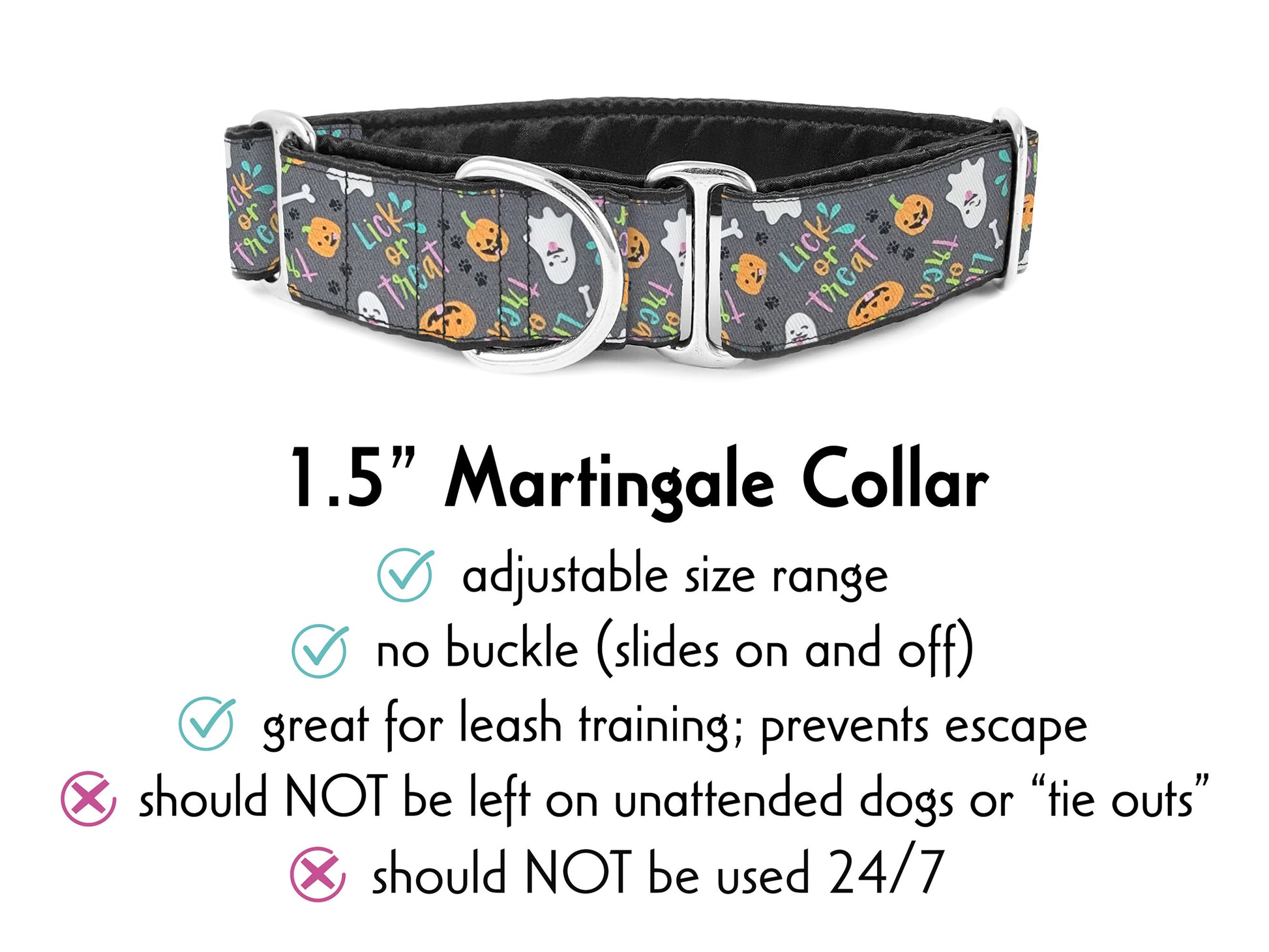 1.5 Inch Wide Lick or Treat Halloween Martingale Dog Collar by The Hound Haberdashery