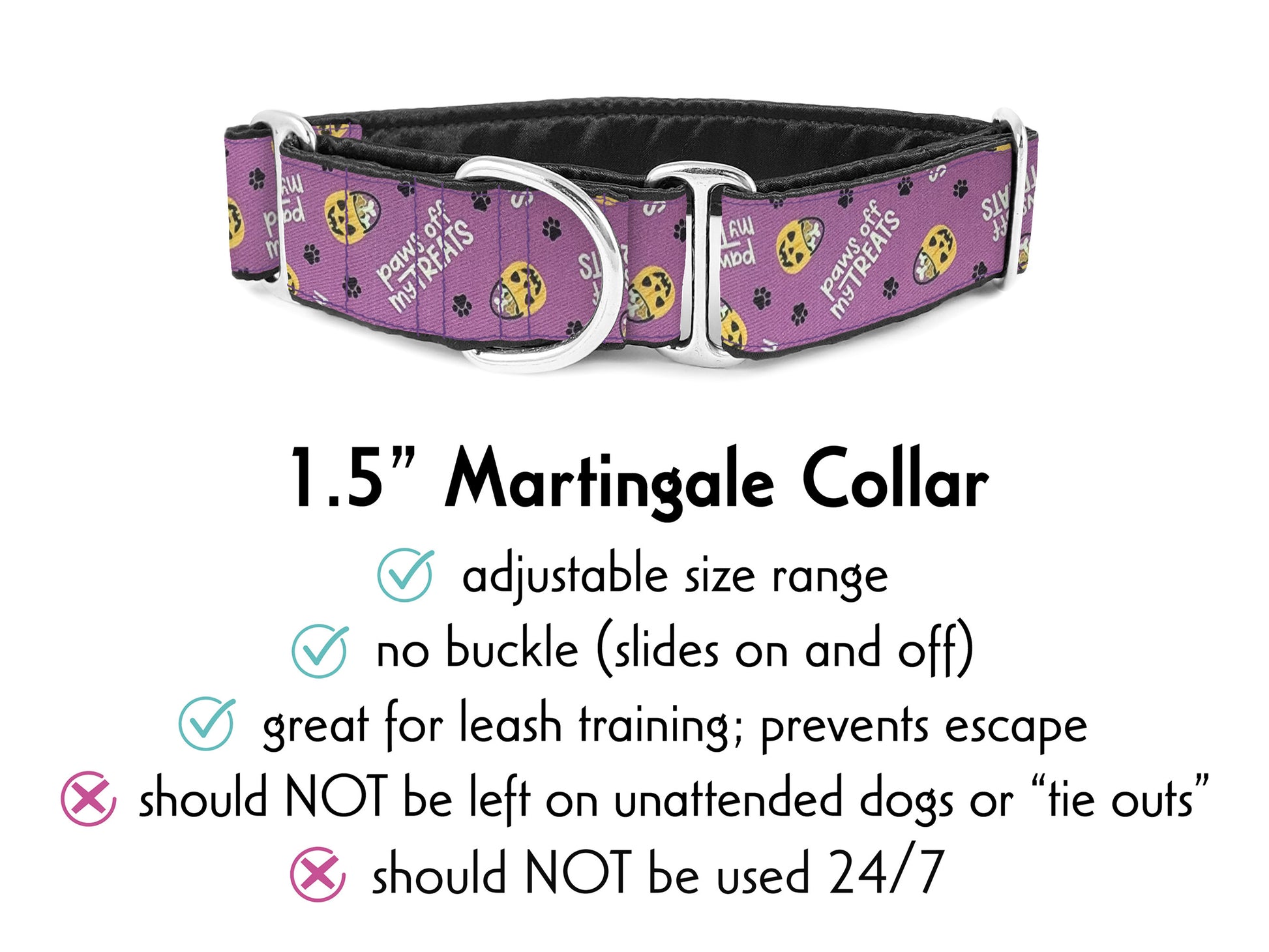 1.5 Inch Wide Purple Halloween Paws Off My Treats Martingale Dog Collar by The Hound Haberdashery