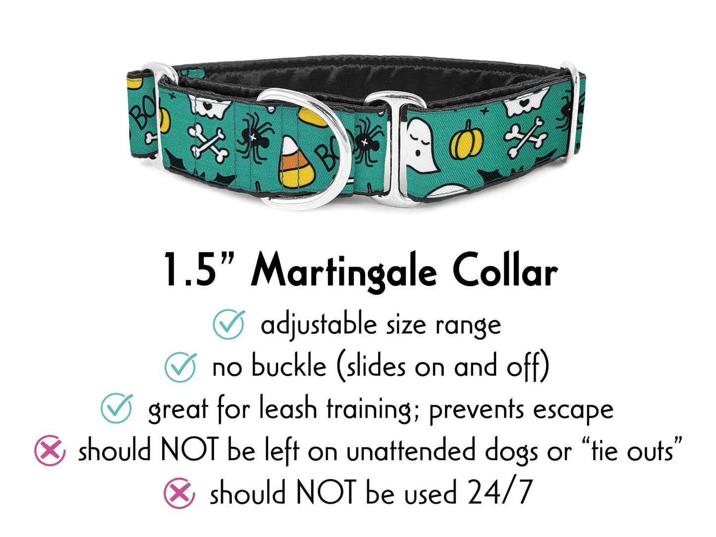 Halloween Ghosts & Candy Corn in Teal - Martingale Dog Collar or Buckle Dog Collar - 1.5" Width