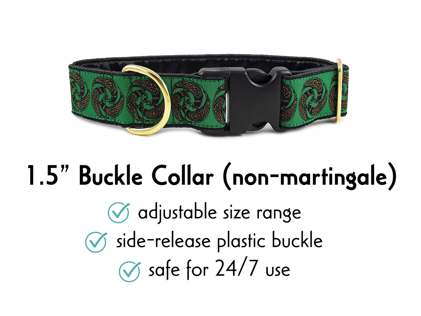 1.5 Inch Wide Green Celtic Ravens Buckle Dog Collar by The Hound Haberdashery