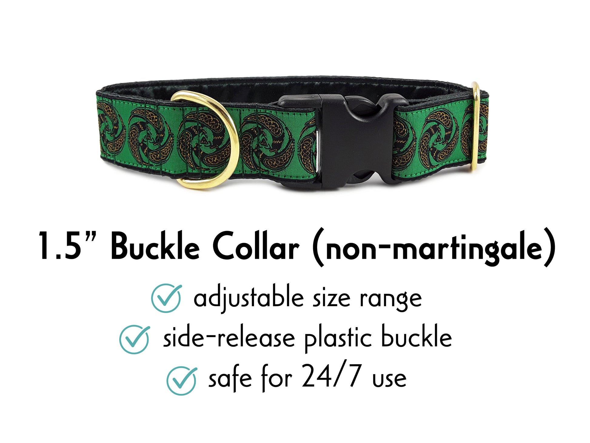1.5 Inch Wide Green Celtic Ravens Buckle Dog Collar by The Hound Haberdashery