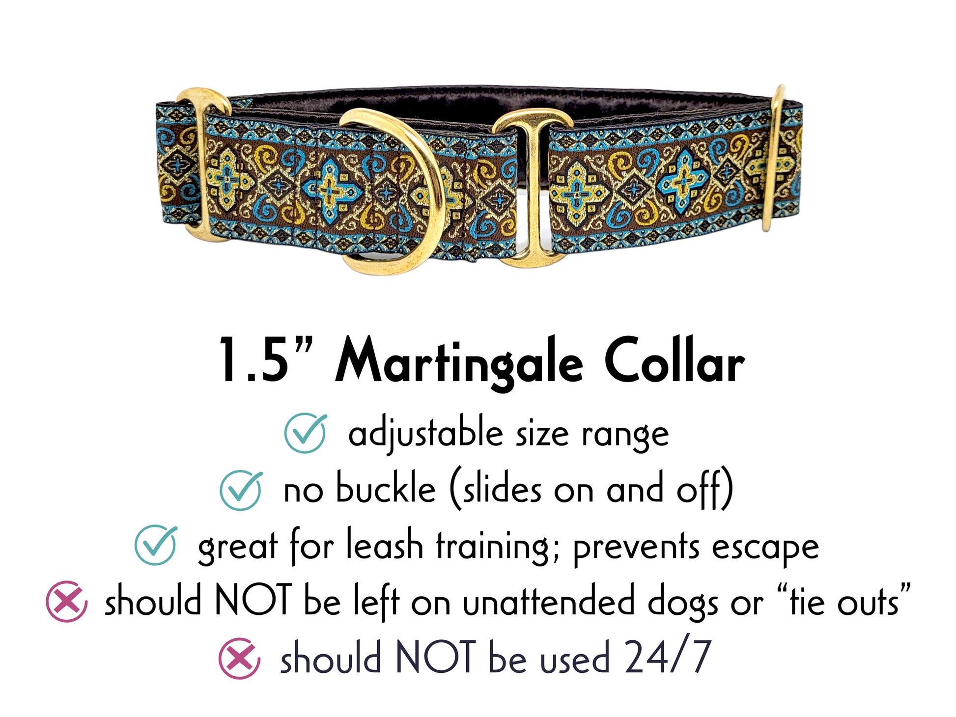1.5 Inch Wide Brown, Turquoise Nobility Martingale Dog Collar by The Hound Haberdashery