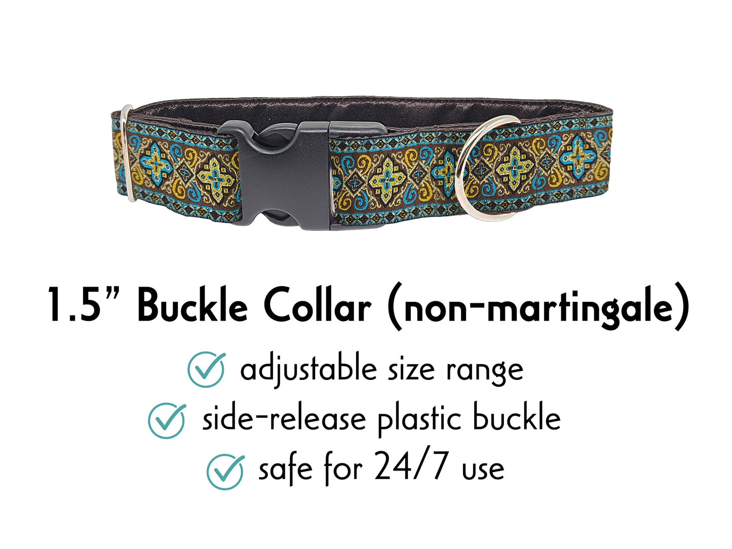 1.5 Inch Wide Brown, Turquoise Nobility Buckle Dog Collar by The Hound Haberdashery