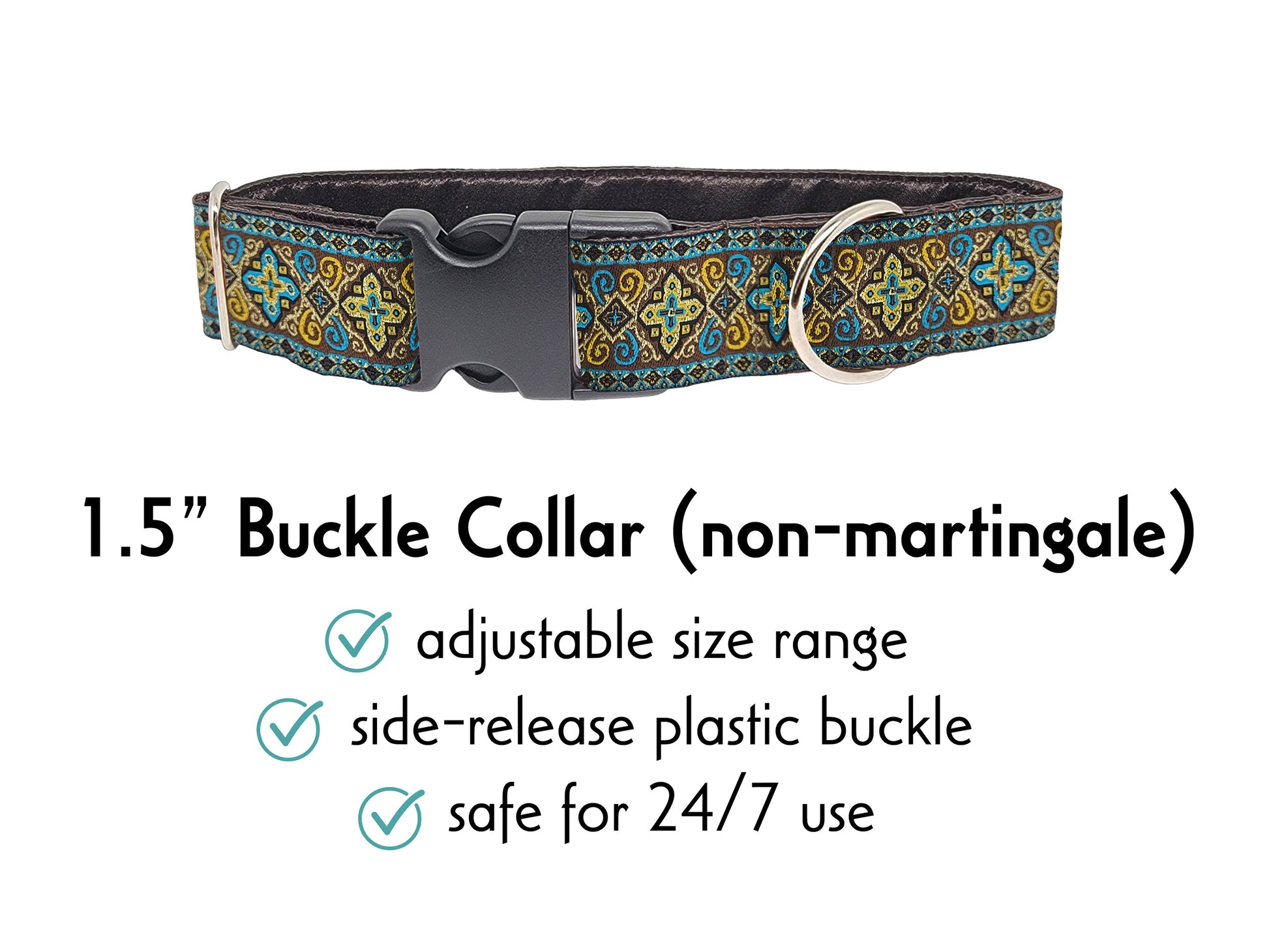 1.5 Inch Wide Brown, Turquoise Nobility Buckle Dog Collar by The Hound Haberdashery