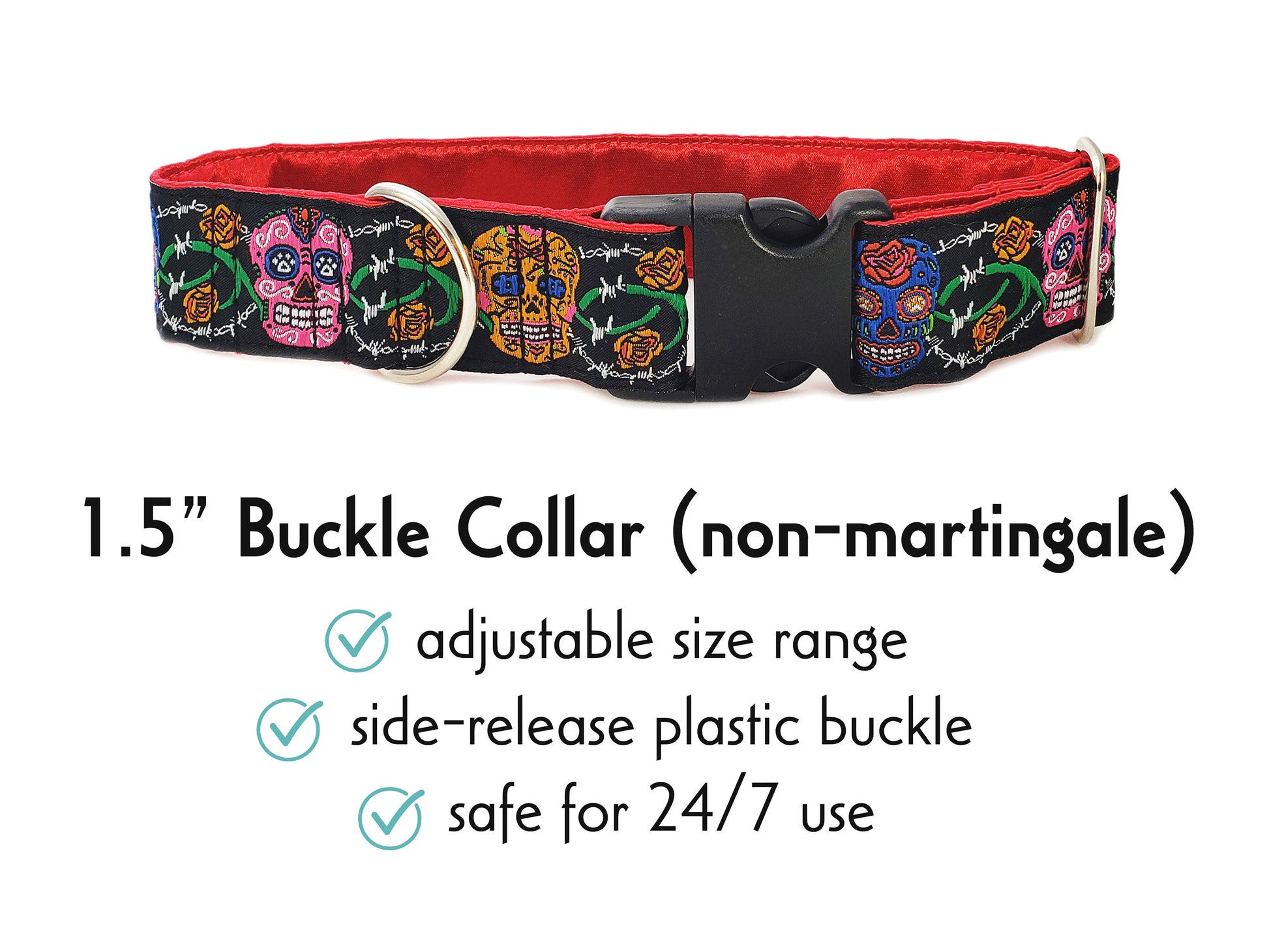 1.5 Inch Wide Sugar Skulls Buckle Dog Collar by The Hound Haberdashery