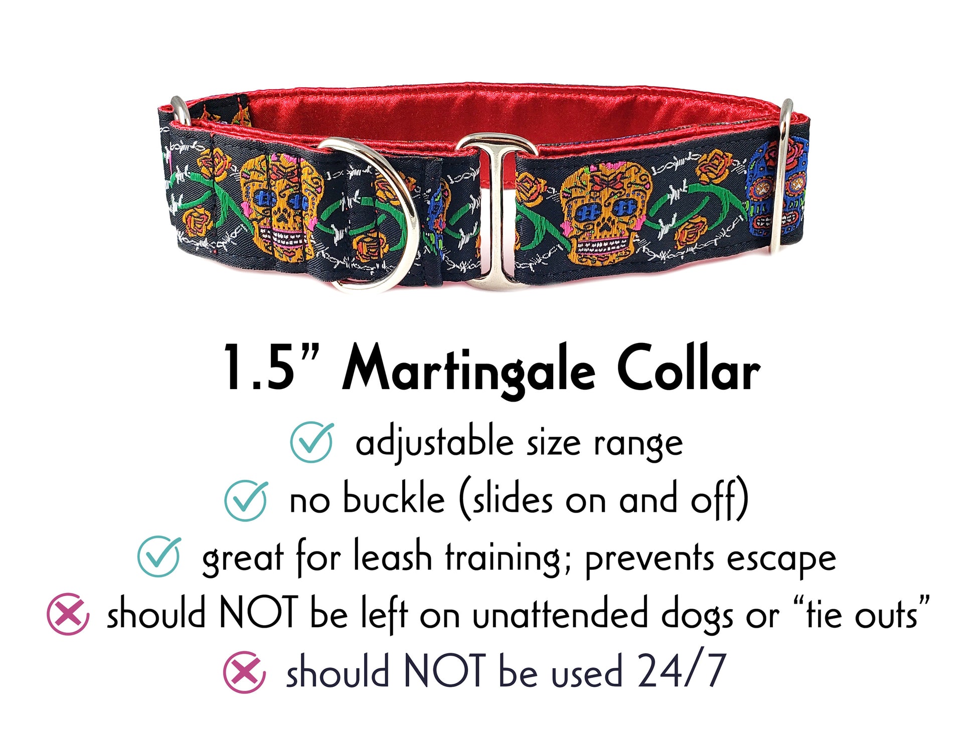1.5 Inch Wide Sugar Skulls Martingale Dog Collar by The Hound Haberdashery
