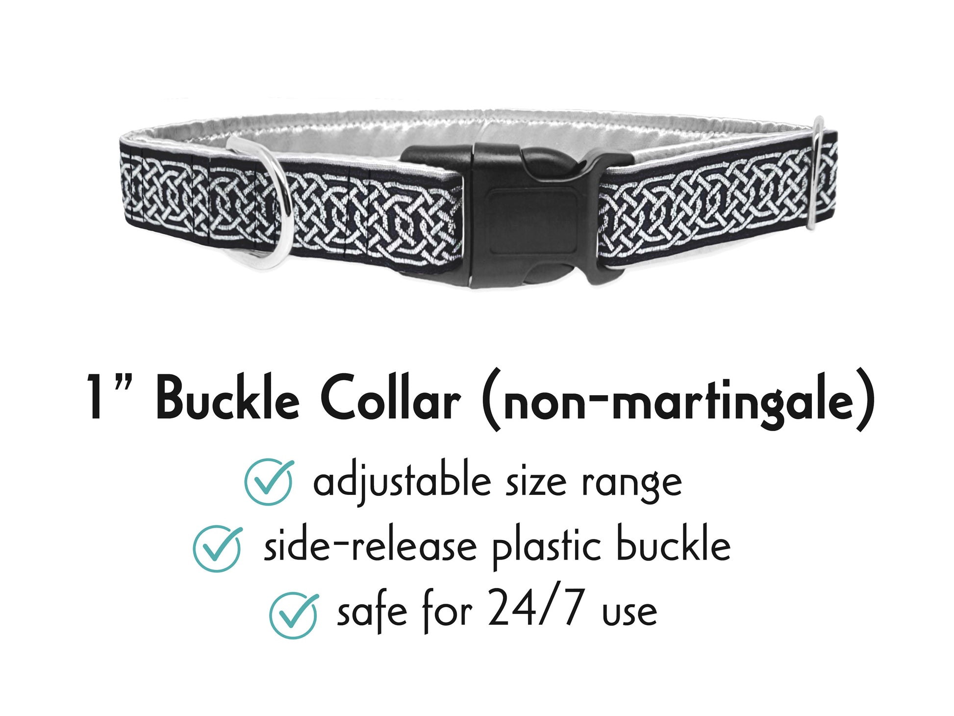 1 Inch Wide Black, Silver Wexford Celtic Braid Buckle Dog Collar by The Hound Haberdashery