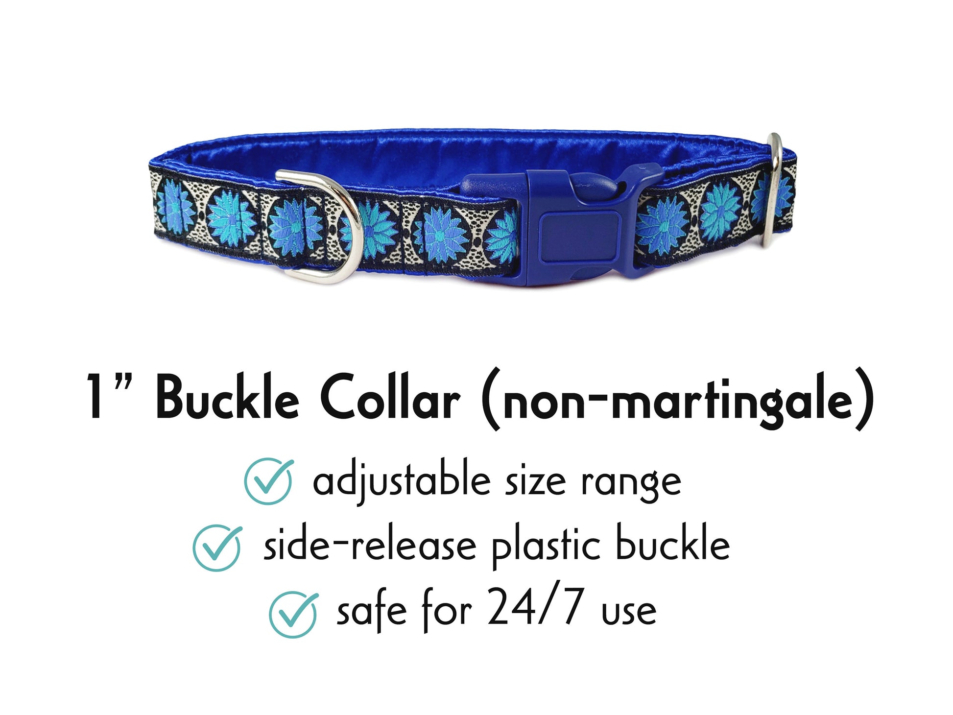 1 Inch Wide Blue Daisy Chains Buckle Dog Collar by The Hound Haberdashery