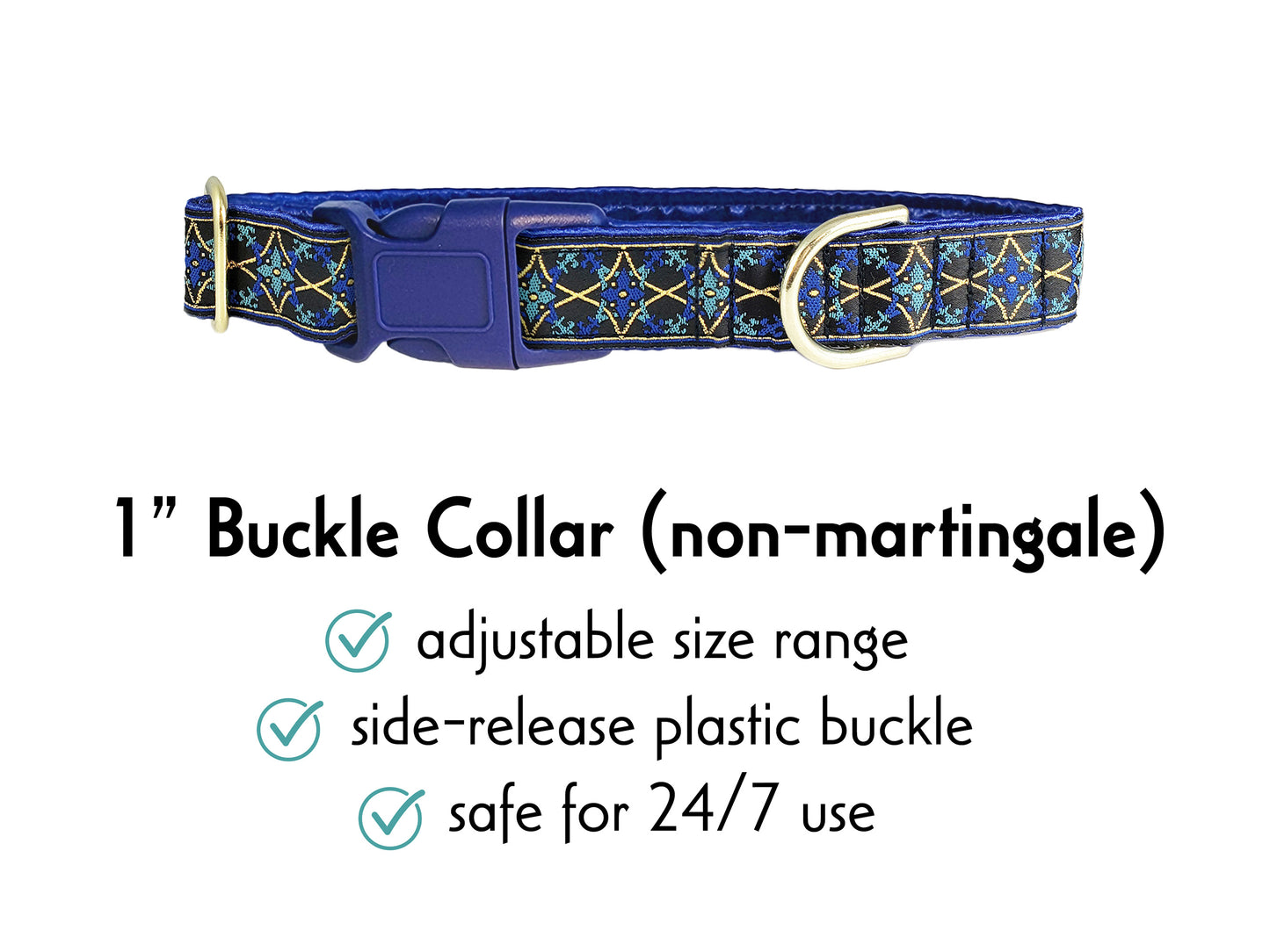 1 Inch Wide Blue, Gold Exeter Buckle Dog Collar by The Hound Haberdashery