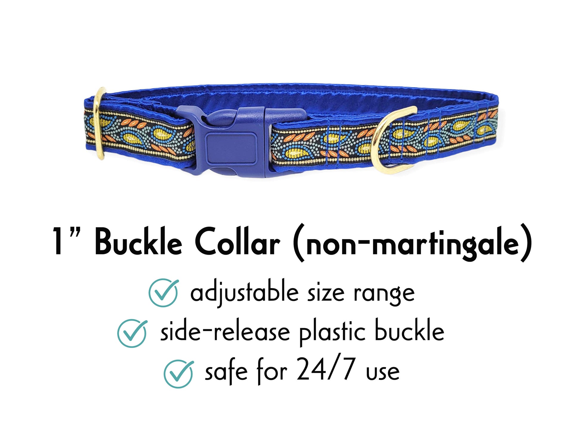1 Inch Wide Blue, Orange Paisley Vines Buckle Dog Collar by The Hound Haberdashery