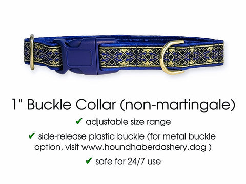 Premade & Ready to Ship: 1" Wide Royal Blue & Metallic Gold Clifden Buckle Dog Collar (Size MEDIUM, Brass)