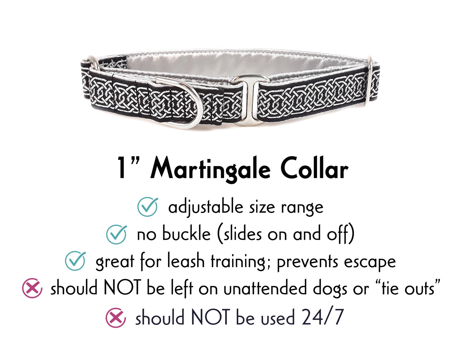 1 Inch Wide Black, Silver Wexford Celtic Braid Martingale Dog Collar by The Hound Haberdashery
