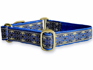 Clifden Jacquard in Royal Blue & Gold - Martingale Dog Collar or Buckle Dog Collar - 1" Width